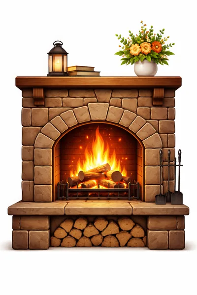 Stone Fireplace With Burning Logs And Decorative Mantel