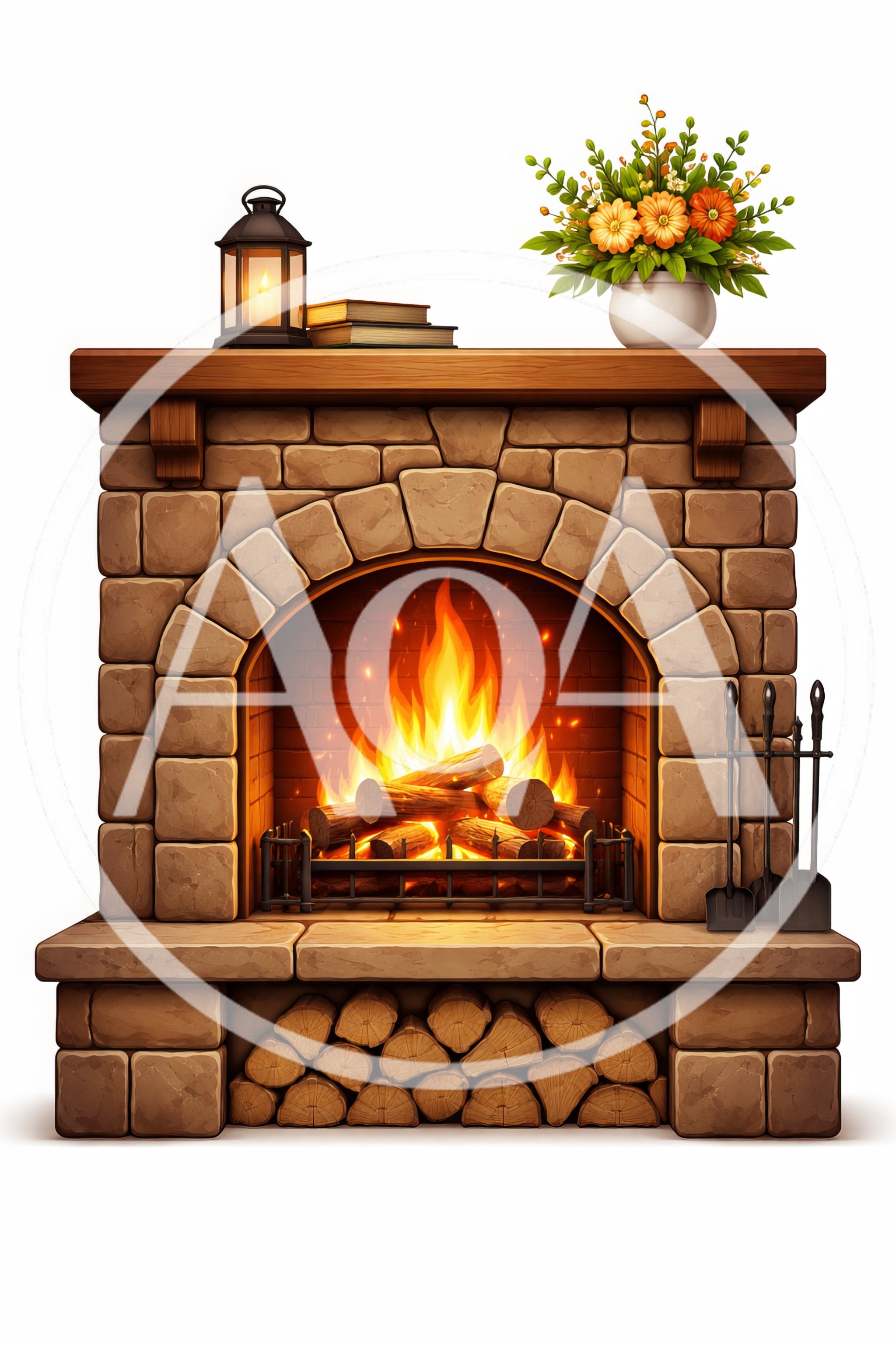 Stone Fireplace With Burning Logs And Decorative Mantel