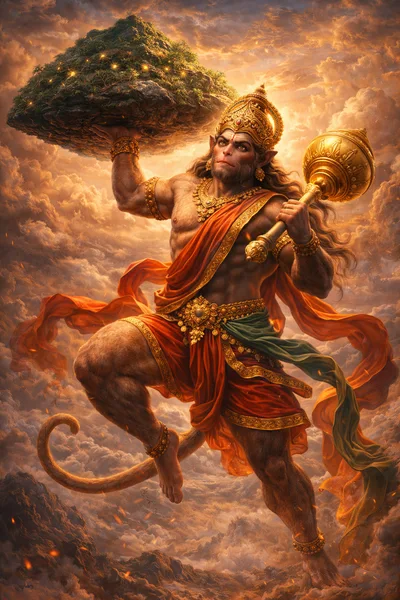 Lord Hanuman Carrying Dronagiri Mountain With Golden Mace