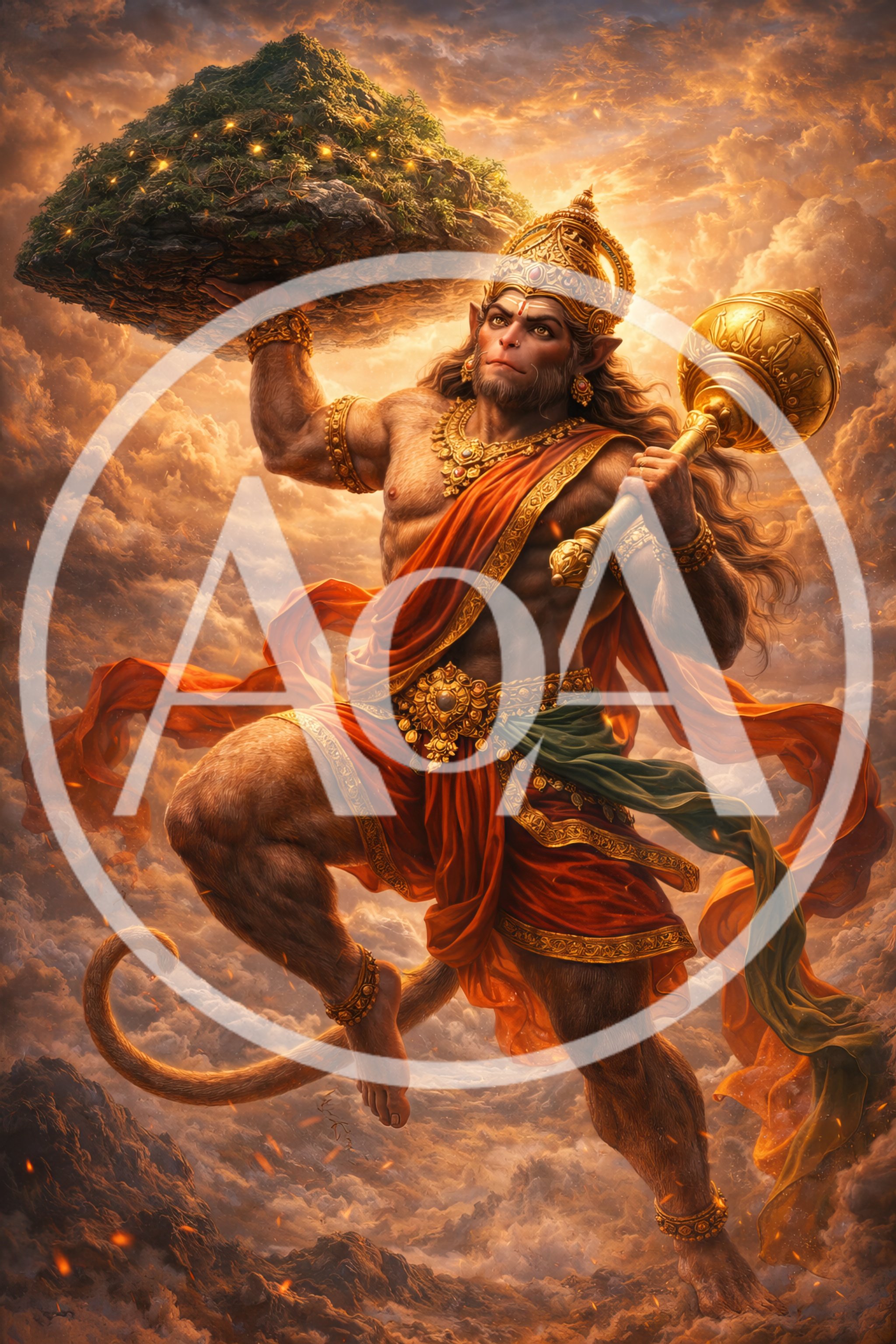 Lord Hanuman Carrying Dronagiri Mountain With Golden Mace