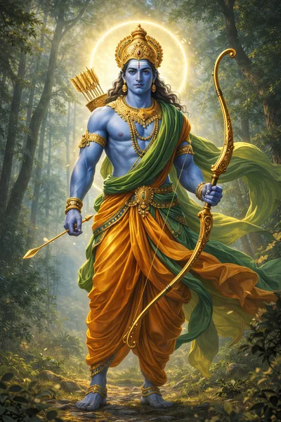 Lord Rama Standing With Bow In Forest