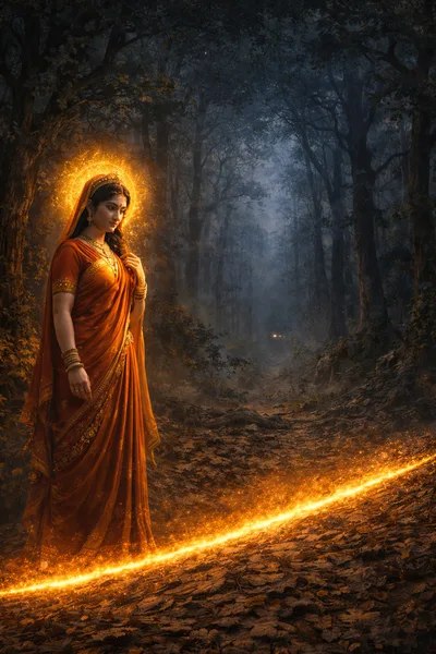 Divine Goddess Figure Walking Through Enchanted Forest