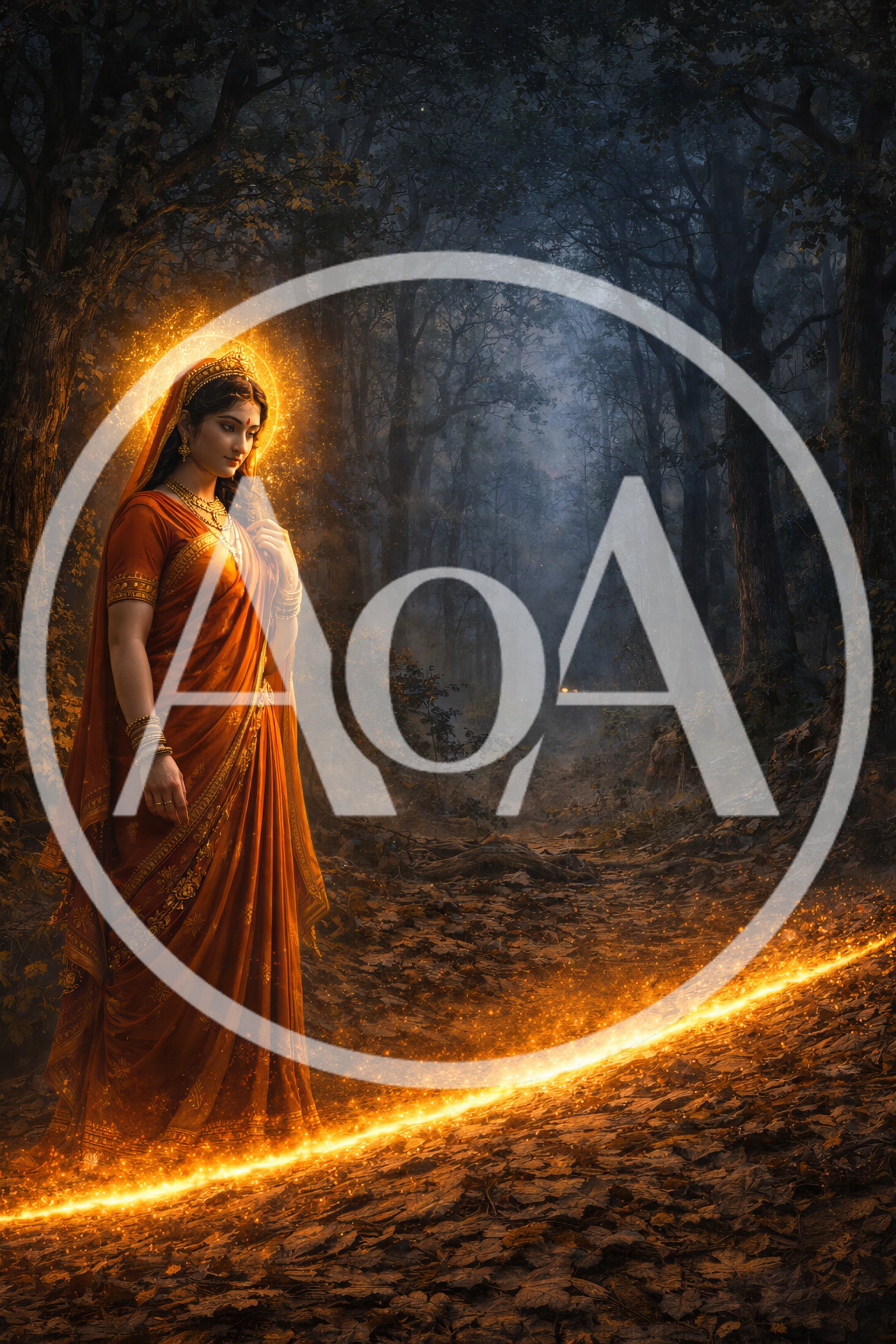 Divine Goddess Figure Walking Through Enchanted Forest