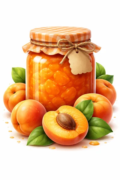 Apricot Jam Jar With Fresh Fruit And Leaves