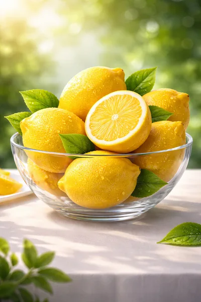 Fresh Lemons In A Glass Bowl On A Table