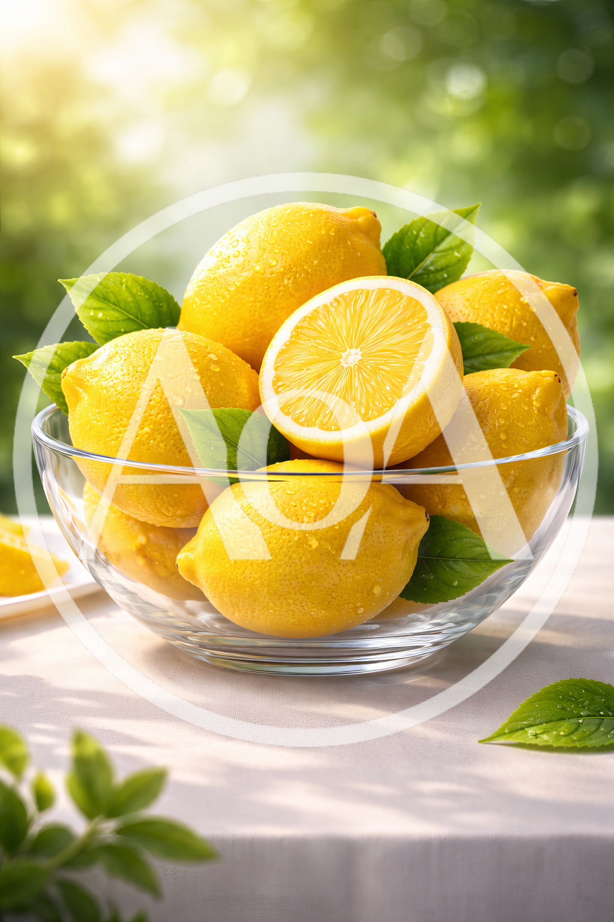 Fresh Lemons In A Glass Bowl On A Table