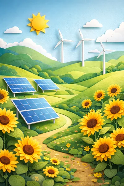 Sustainable Energy Landscape With Solar Panels And Wind Turbines