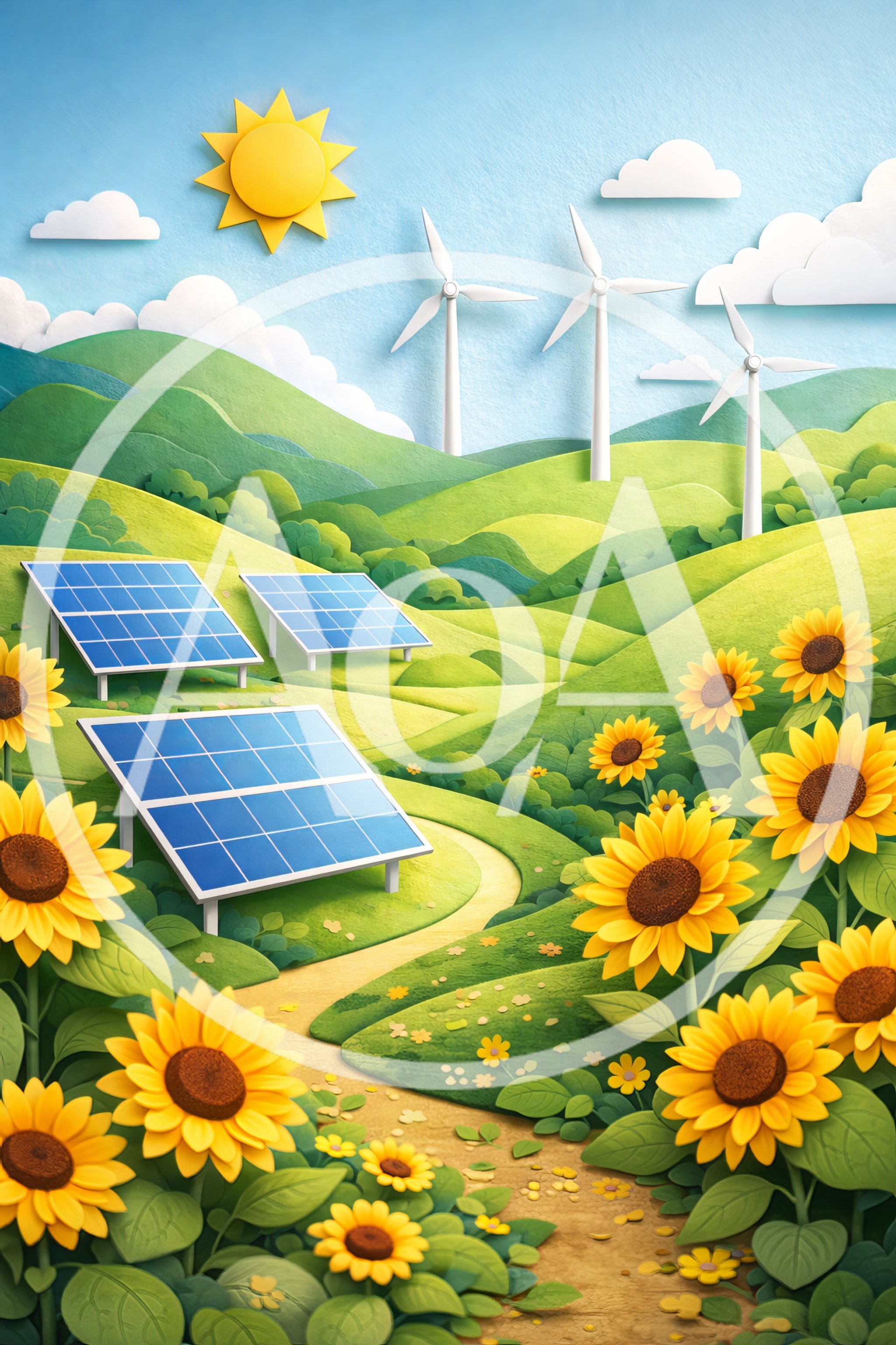 Sustainable Energy Landscape With Solar Panels And Wind Turbines