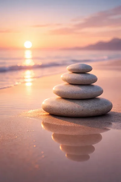 Zen Stone Stack On A Peaceful Beach At Sunset