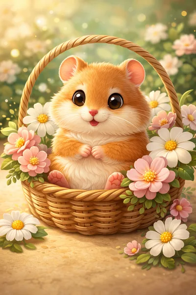 Cute Hamster Sitting In A Flower Basket