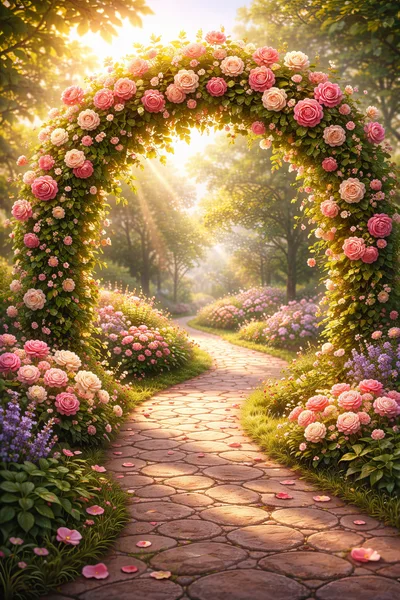 Enchanting Rose Garden Archway With Stone Path
