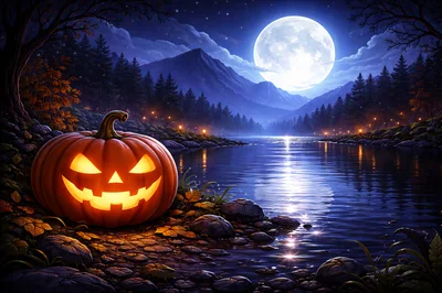 Glowing Jack O Lantern Beside A Moonlit Mountain Lake