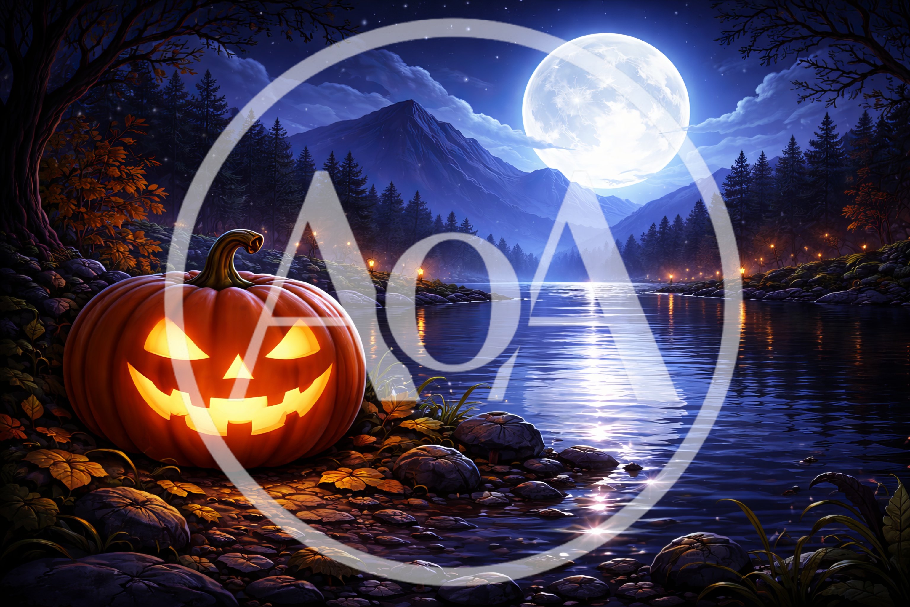 Glowing Jack O Lantern Beside A Moonlit Mountain Lake