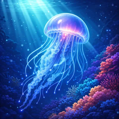 Glowing Jellyfish Floating Above Vibrant Coral Reef