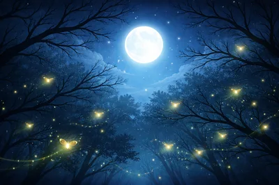 Glowing Fireflies In A Magical Enchanted Forest At Night