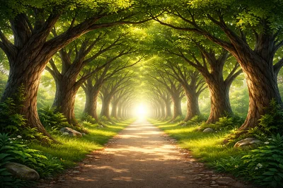 Sunlit Path Through A Lush Green Forest Canopy