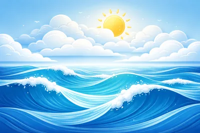 Stylized Ocean Waves Under A Bright Sunny Sky