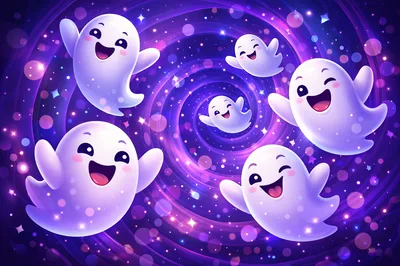 Cute Cartoon Ghosts Floating In A Cosmic Spiral