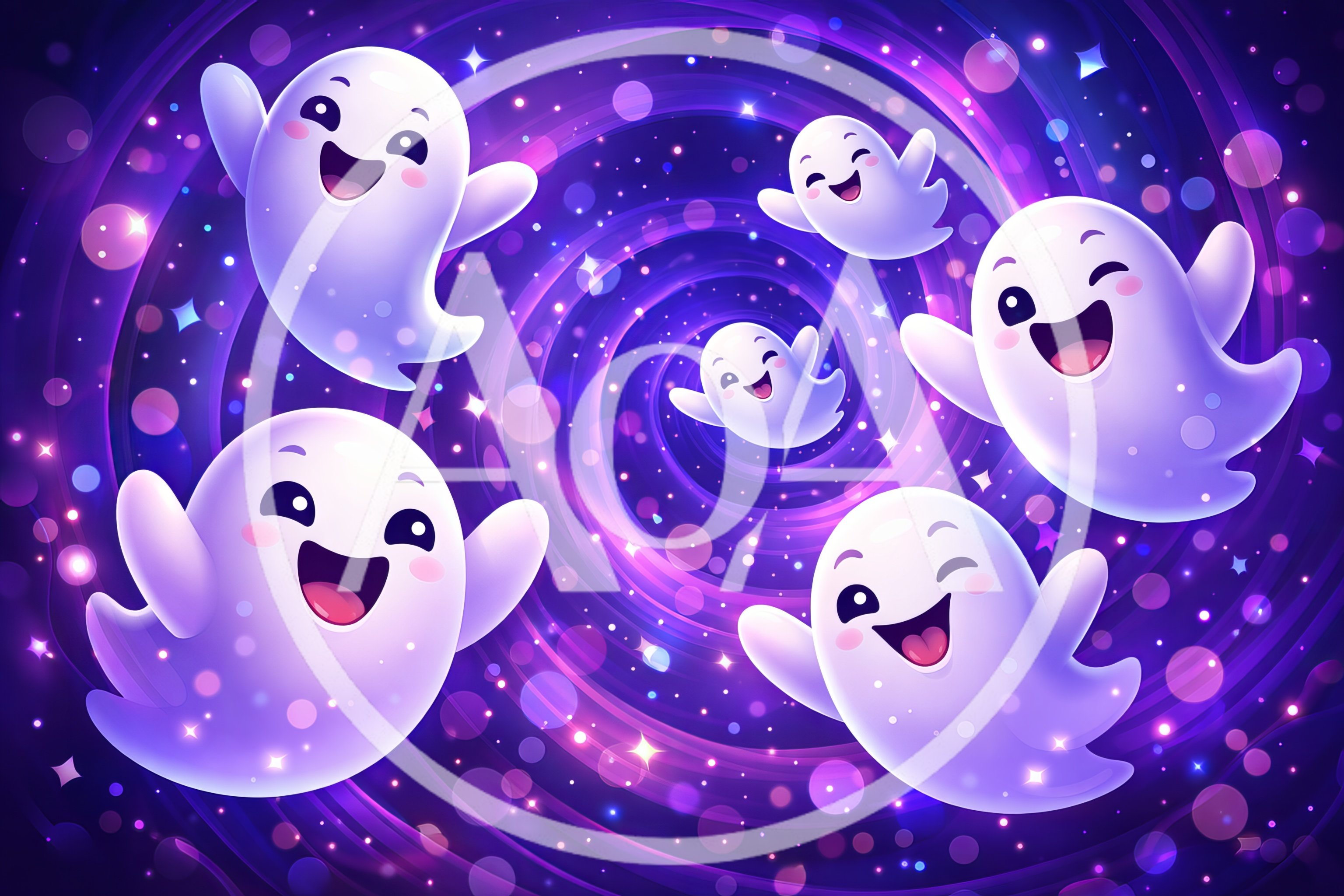 Cute Cartoon Ghosts Floating In A Cosmic Spiral