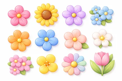Set of Colorful 3D Cartoon Flower Icons