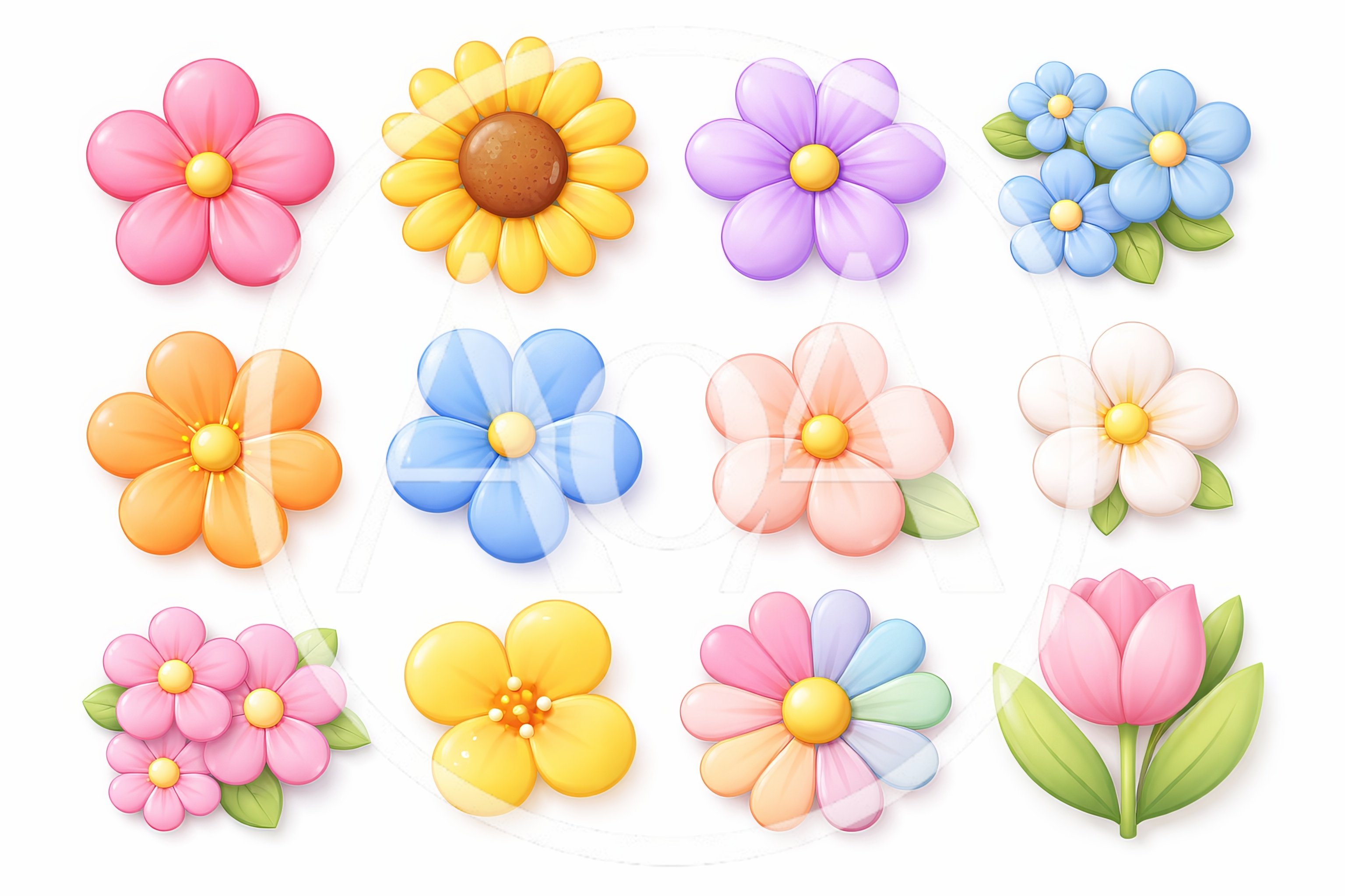 Set of Colorful 3D Cartoon Flower Icons