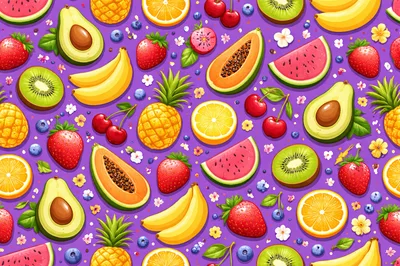 Seamless Pattern of Tropical Fruits and Berries