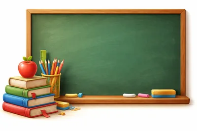 School Supplies Stacked On A Desk With Green Chalkboard