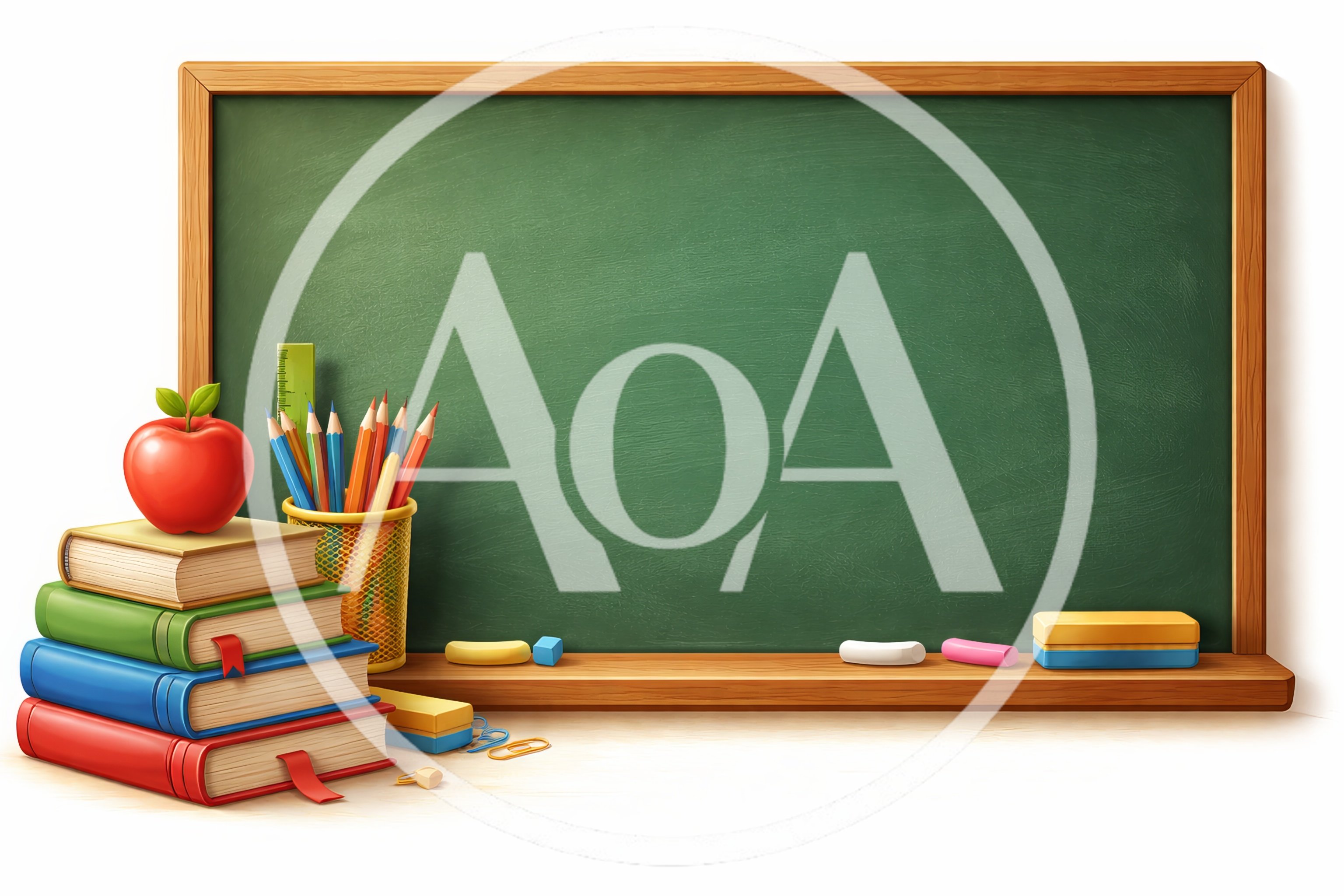 School Supplies Stacked On A Desk With Green Chalkboard