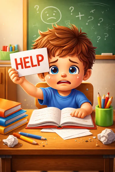 Crying Schoolboy Holding A Help Sign In Classroom