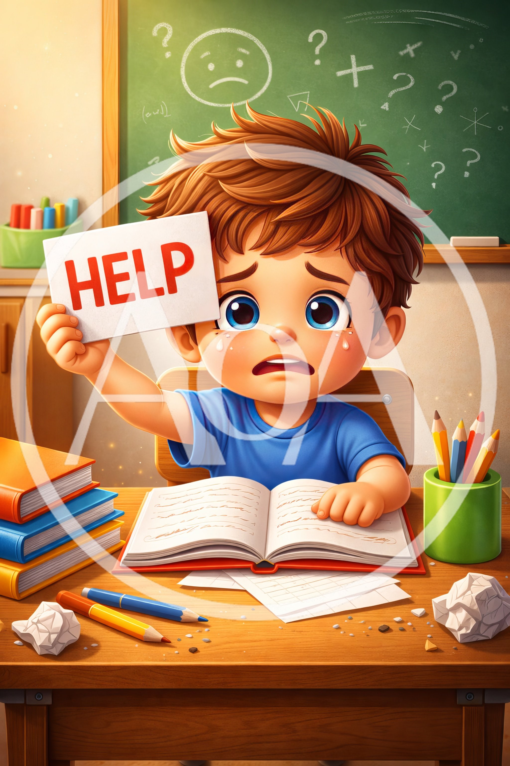 Crying Schoolboy Holding A Help Sign In Classroom