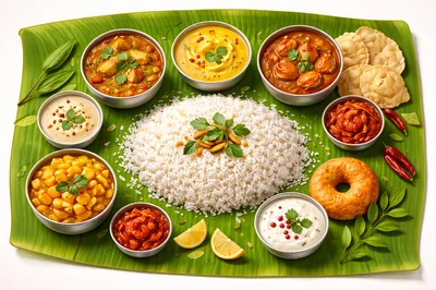 Traditional South Indian Thali Meal On Banana Leaf