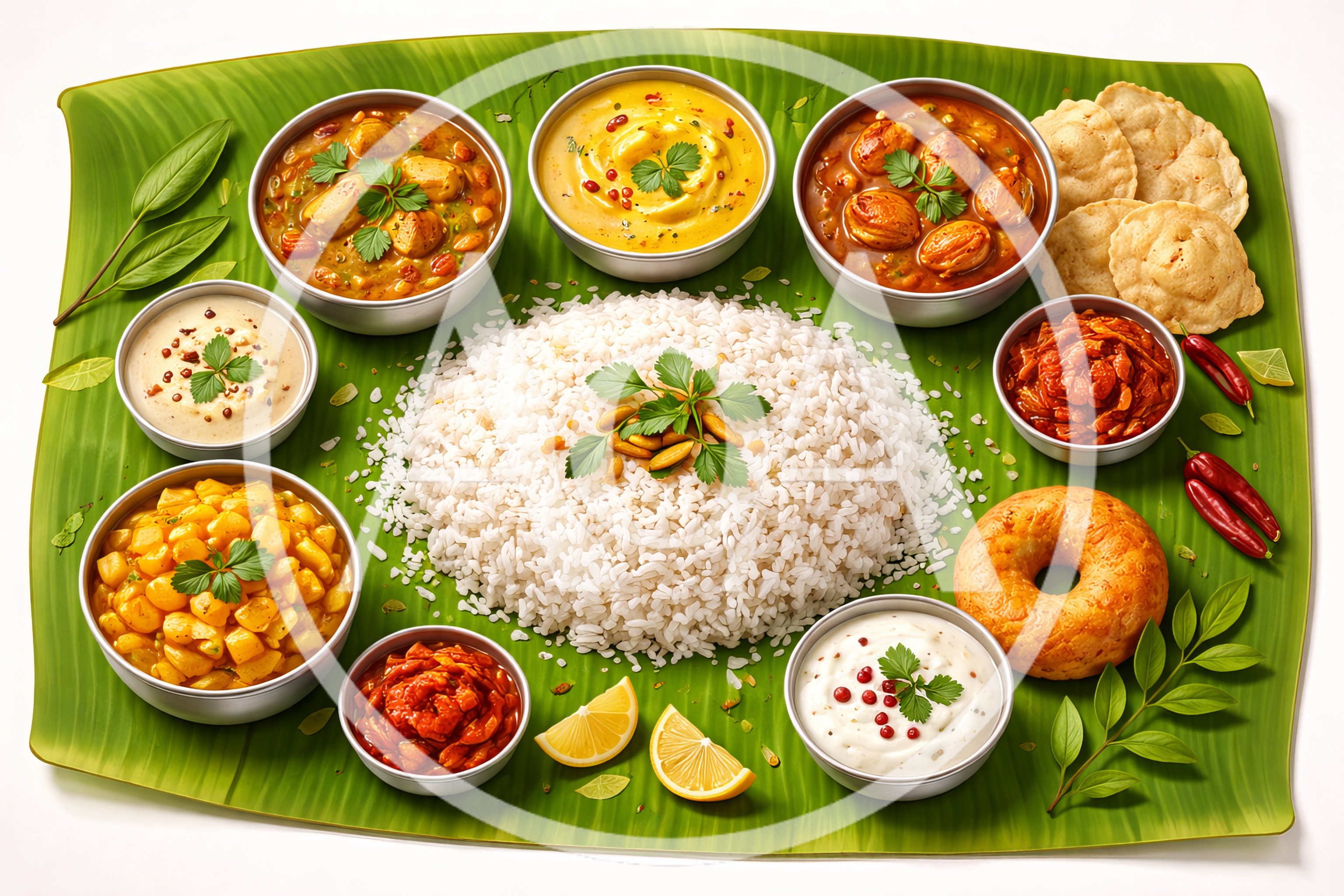 Traditional South Indian Thali Meal On Banana Leaf
