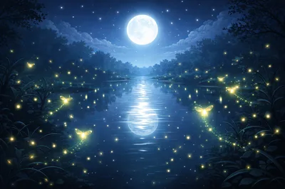 Fireflies Glowing Over A Calm Night River