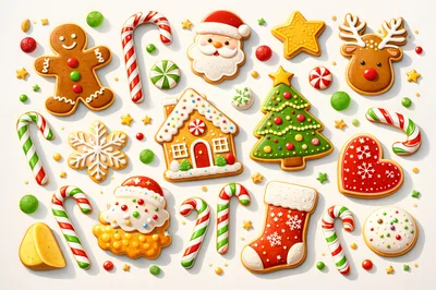 Assorted Christmas Gingerbread Cookies On White Background