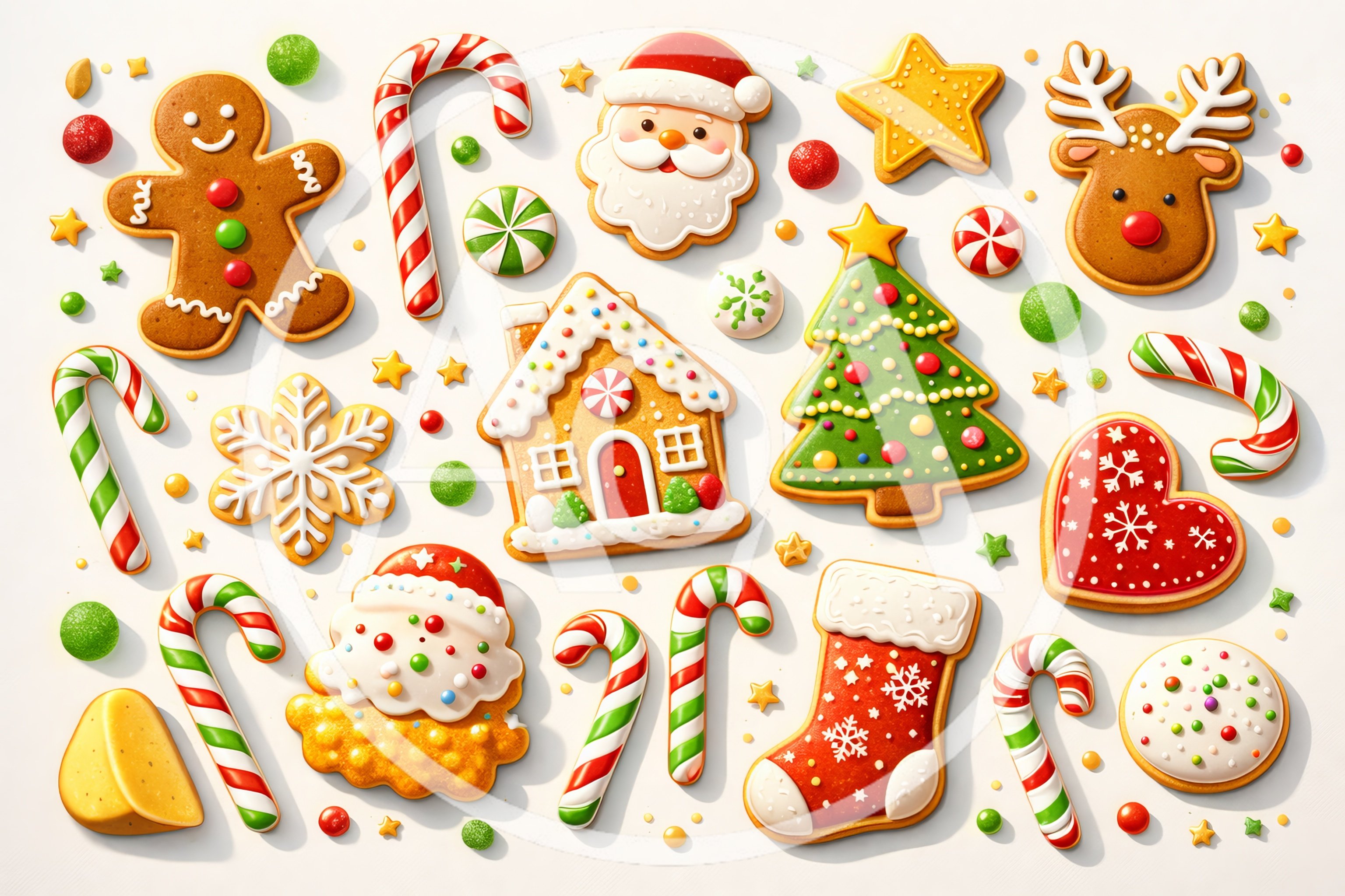 Assorted Christmas Gingerbread Cookies On White Background