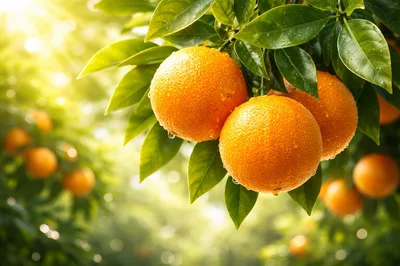 Fresh Ripe Oranges Hanging on a Tree Branch