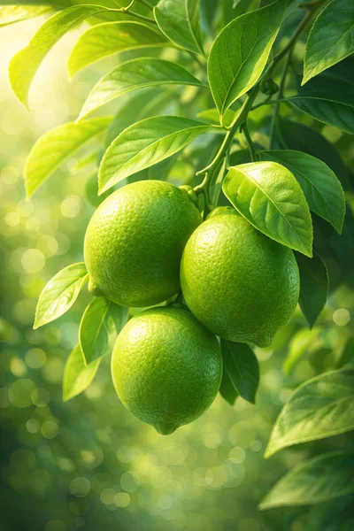 Three Fresh Green Limes Hanging On A Tree Branch