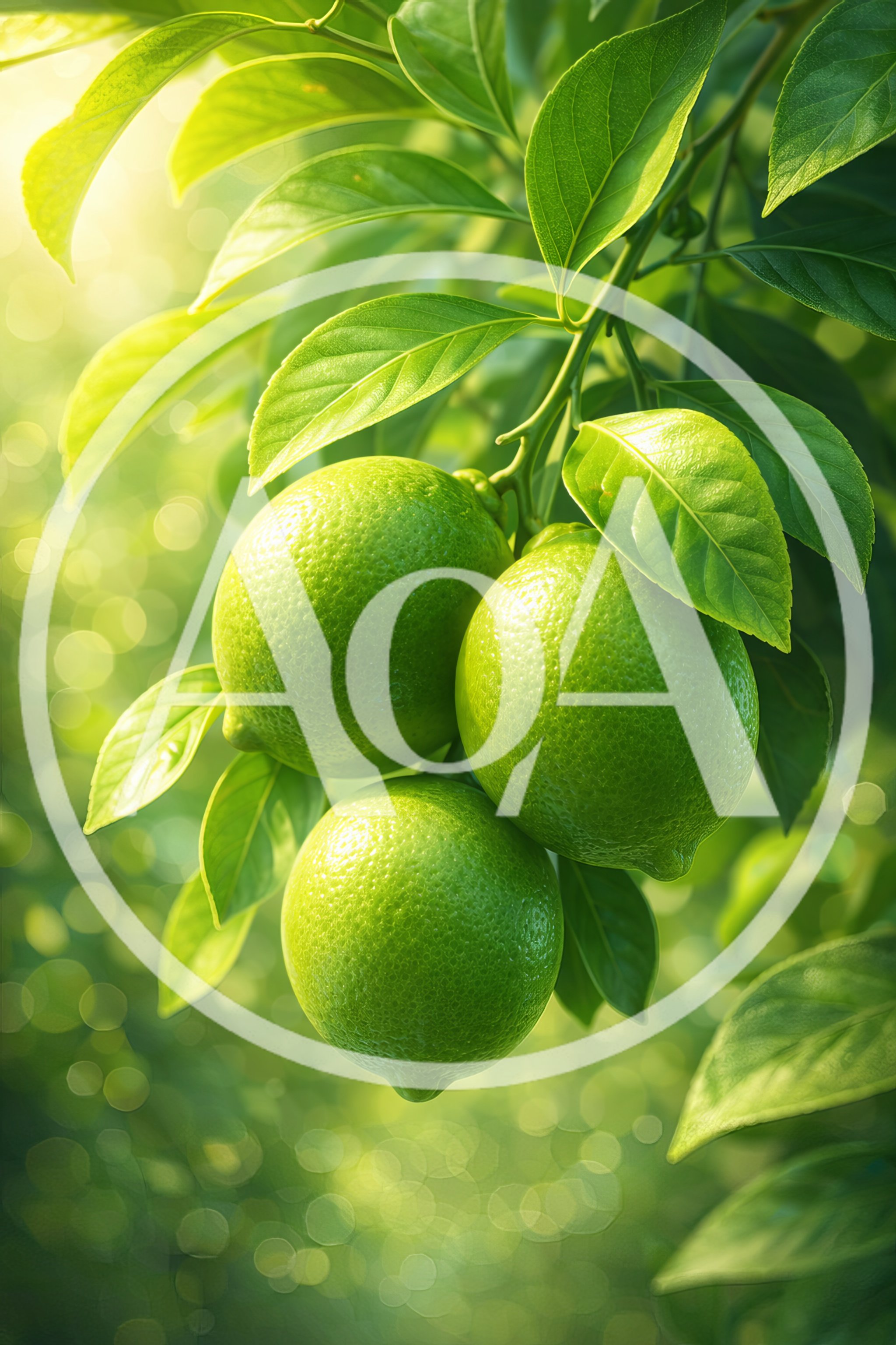 Three Fresh Green Limes Hanging On A Tree Branch