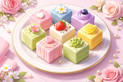 Assorted Petit Four Cakes on a Decorative Plate
