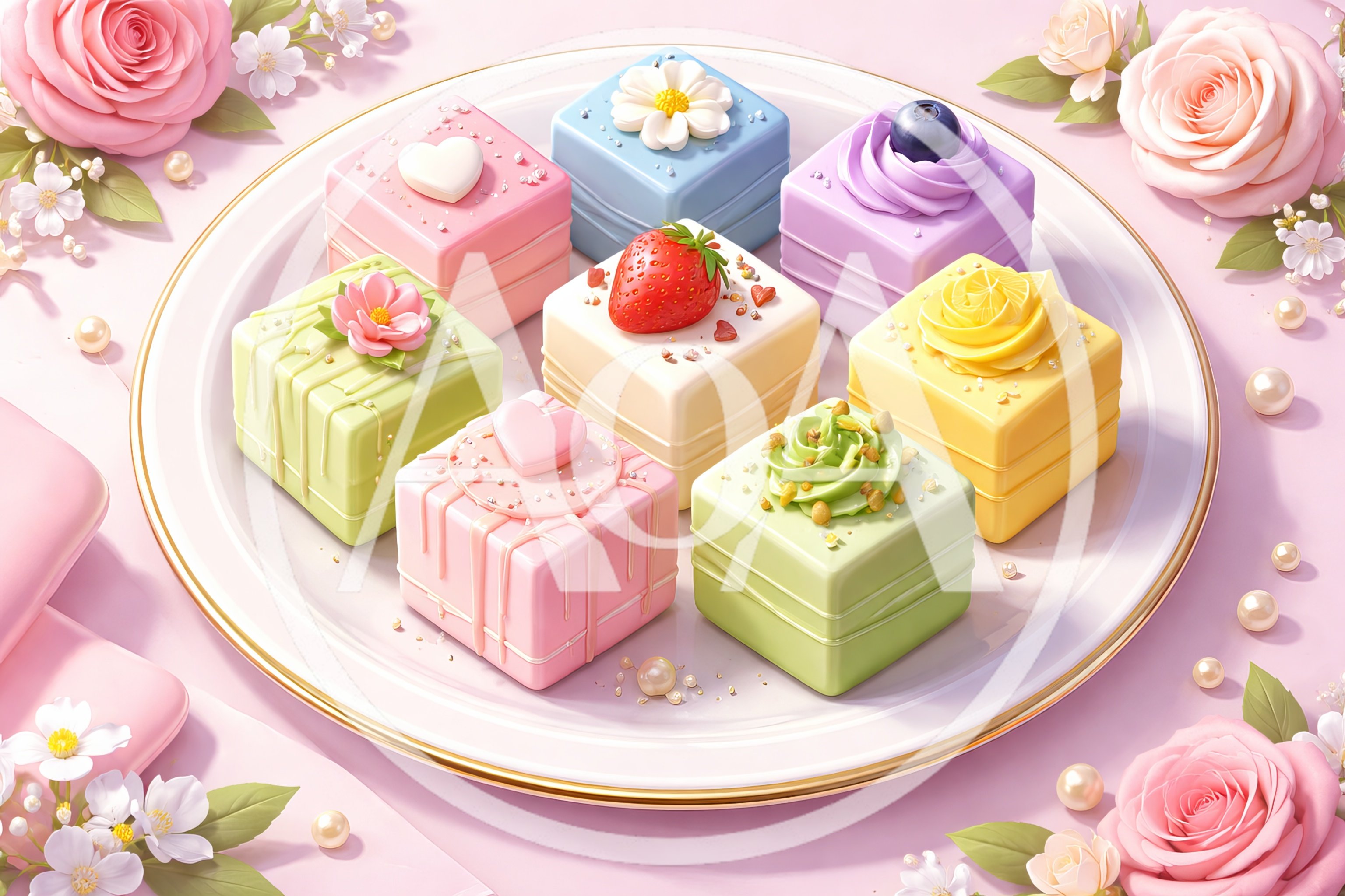 Assorted Petit Four Cakes on a Decorative Plate