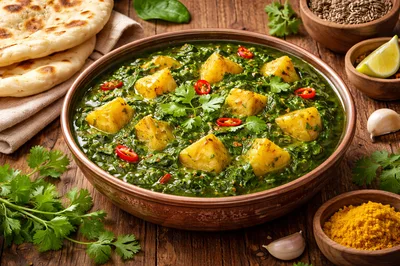 Aloo Palak Curry Served In A Rustic Bowl