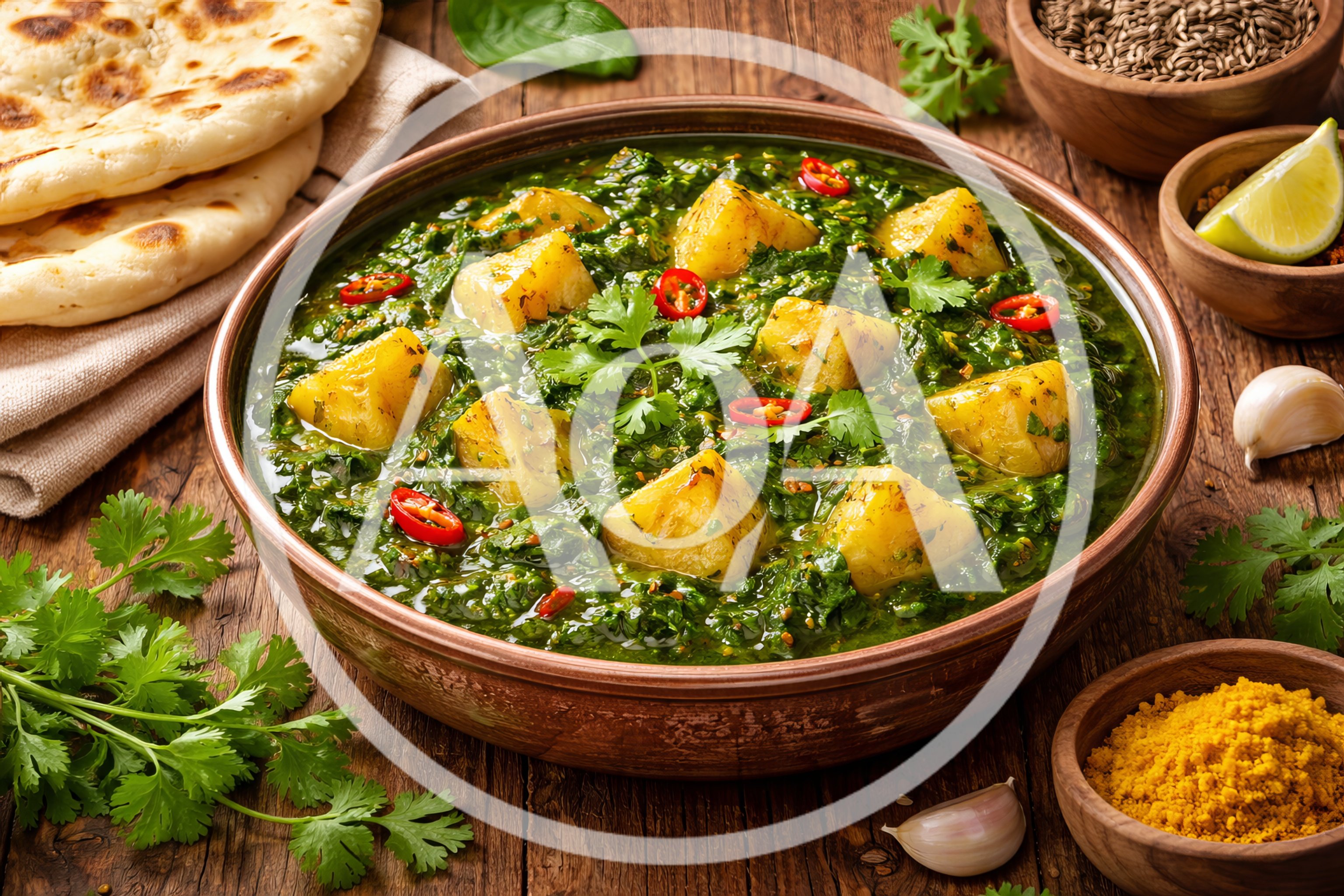 Aloo Palak Curry Served In A Rustic Bowl