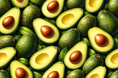 Fresh Ripe Avocado Halves and Whole Fruit Pattern
