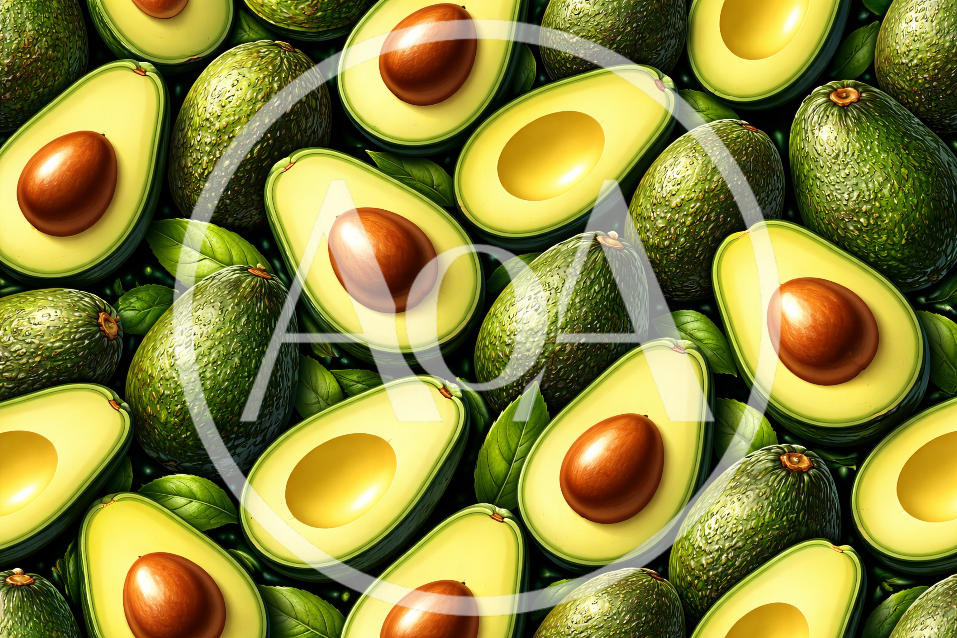 Fresh Ripe Avocado Halves and Whole Fruit Pattern