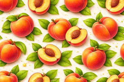 Seamless Pattern of Fresh Ripe Peaches and Green Leaves