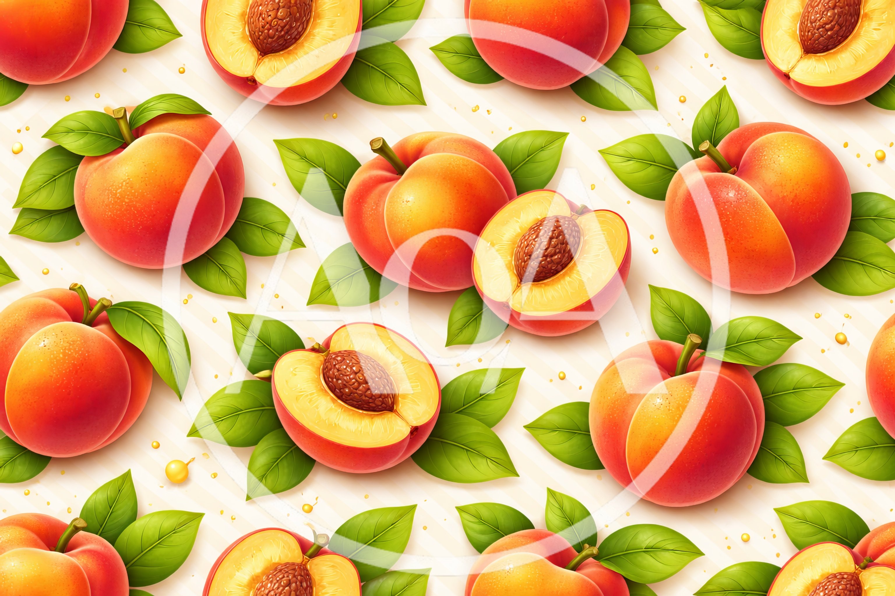 Seamless Pattern of Fresh Ripe Peaches and Green Leaves