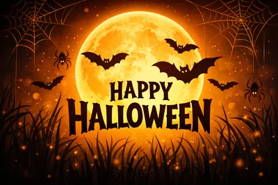 Happy Halloween Greeting Card With Full Moon And Bats
