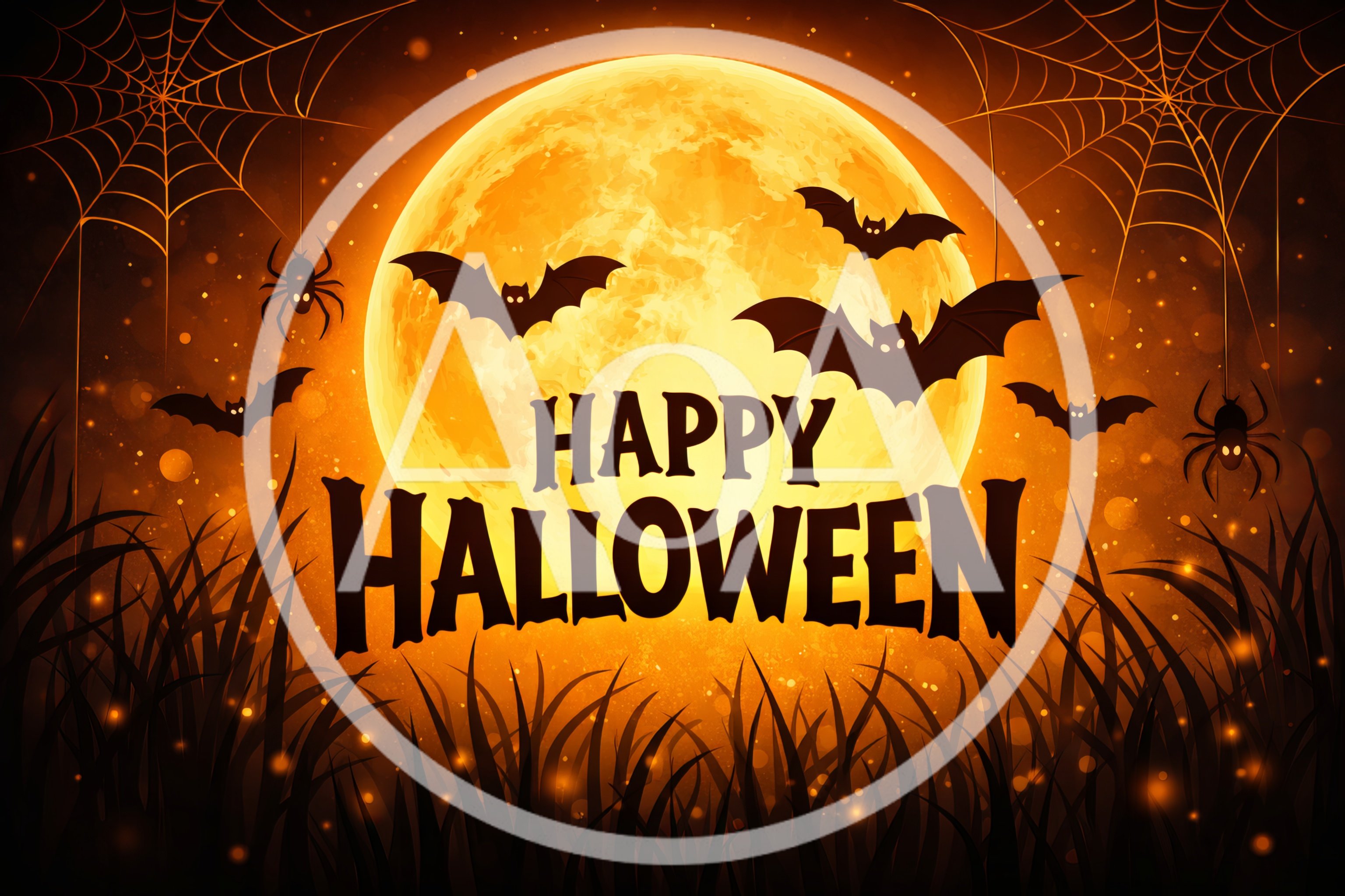 Happy Halloween Greeting Card With Full Moon And Bats