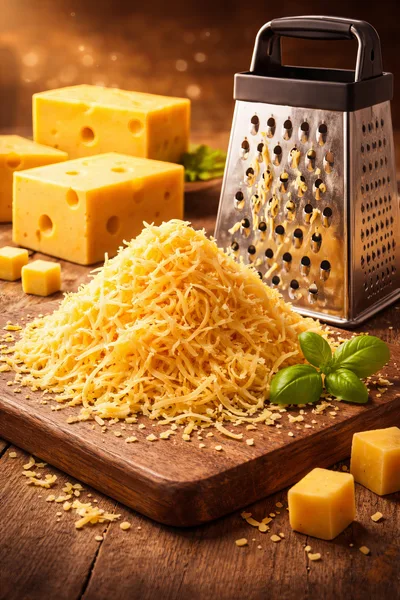 Freshly Grated Cheese On A Wooden Cutting Board