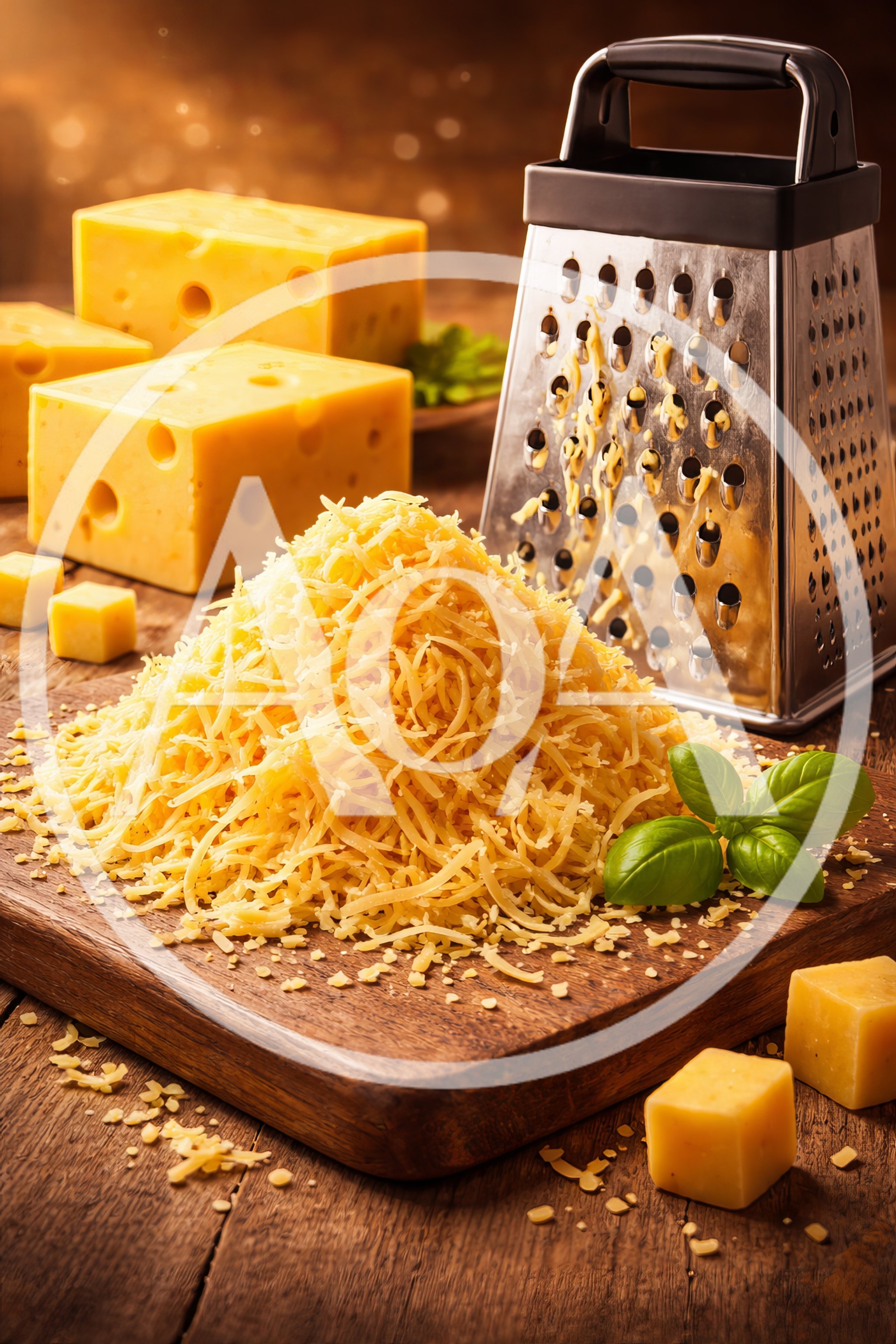 Freshly Grated Cheese On A Wooden Cutting Board